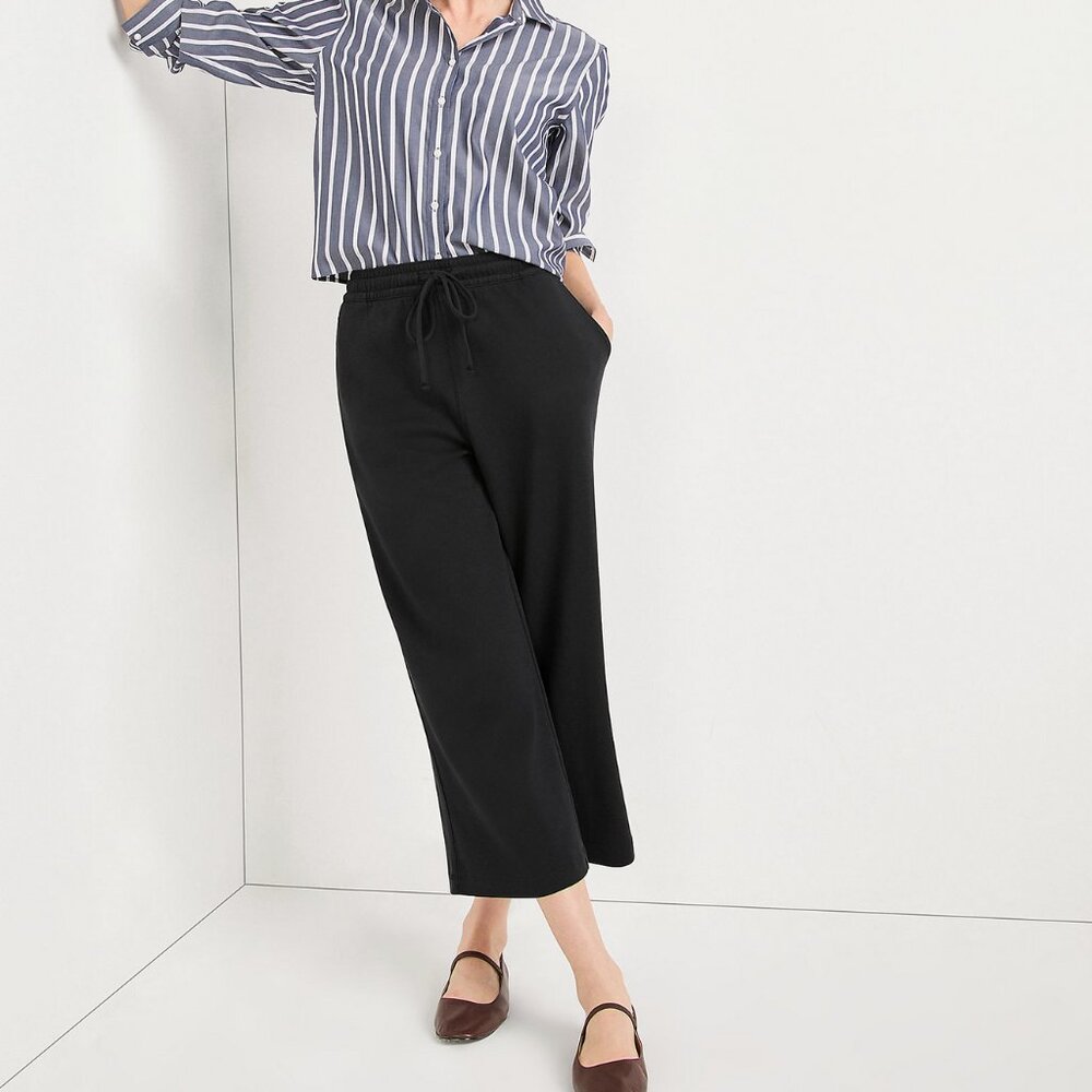 Lands End Black Sport Knit Elastic Waist Wide Leg Crop Pants